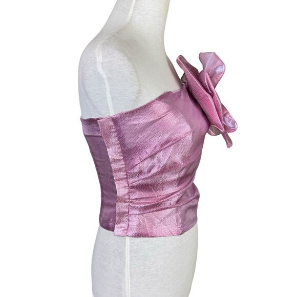 Hutch NWT Tessa Metallic Pink Flower Accent One Shoulder Smocked Back Top - Picture 7 of 15
